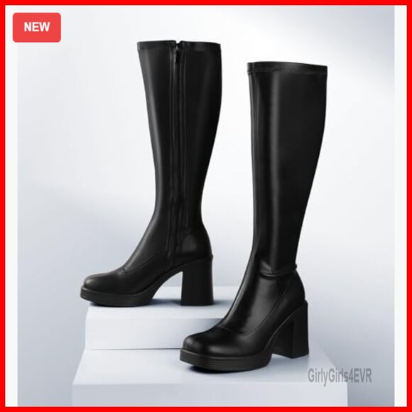 Knee High Platform Boots Chunky Heel Side Zipper GOGO Boots Women - Picture 5 of 7